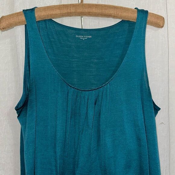 Eileen Fisher M Turquoise Green Pleated Front Scoop Silk Cotton Blend Tank Top - Picture 3 of 11
